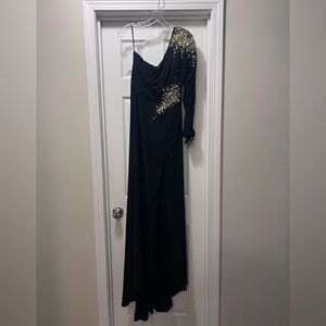 Jovani Black One-Shoulder Dress with Gold Detailing